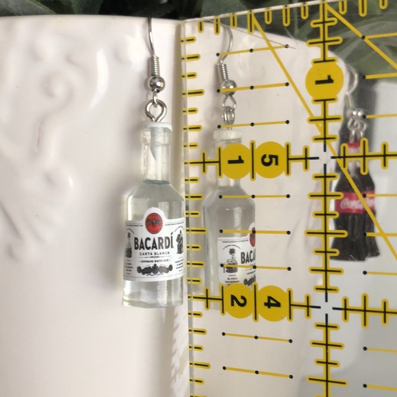 New Mini Bacardi Rum Liquor Bottle Dangling Fun Novelty Handmade Party Earrings - Picture 5 of 6